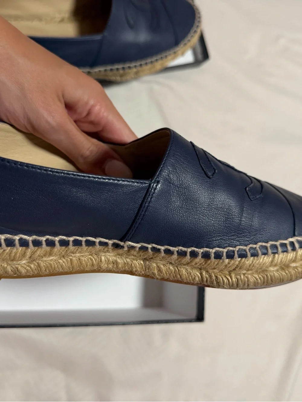 AUTHENTIC CHANEL Dark Navy Leather CC Espadrille Flats
